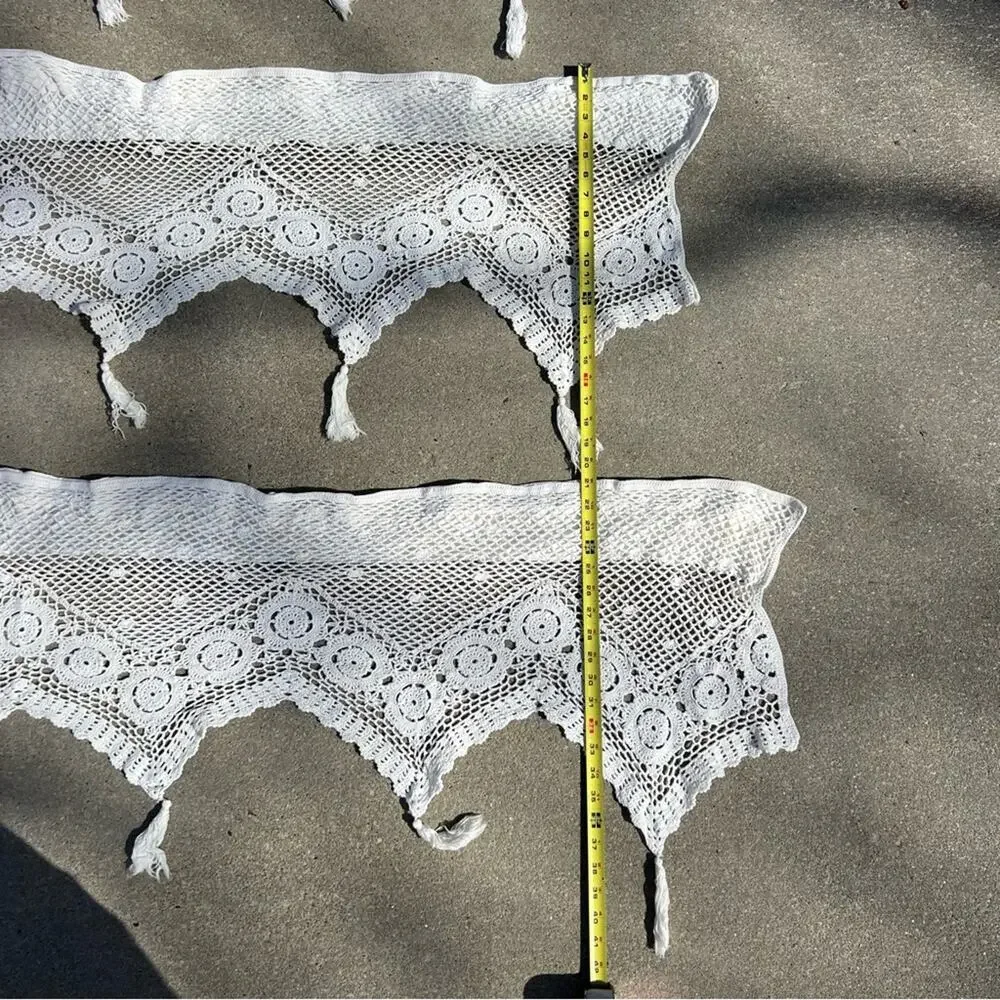 Vintage Crochet Flower and Tassel Window Valences Boho Cottagecore SET 4 6’x20”